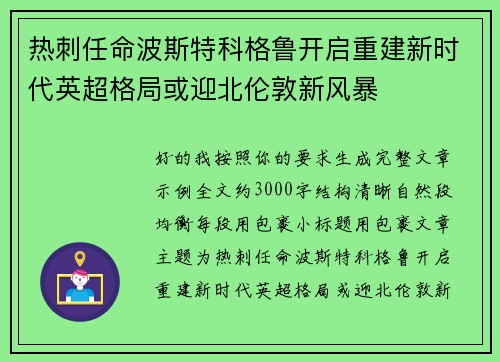 热刺任命波斯特科格鲁开启重建新时代英超格局或迎北伦敦新风暴